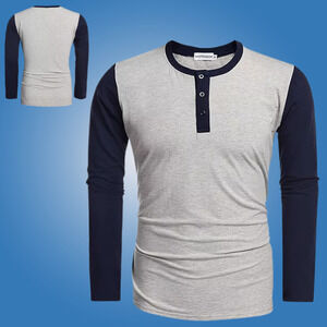 Hotouch Mens Long Sleeve Henley Slim Fit Contrast Color T-Shirt Gray Navy XL
